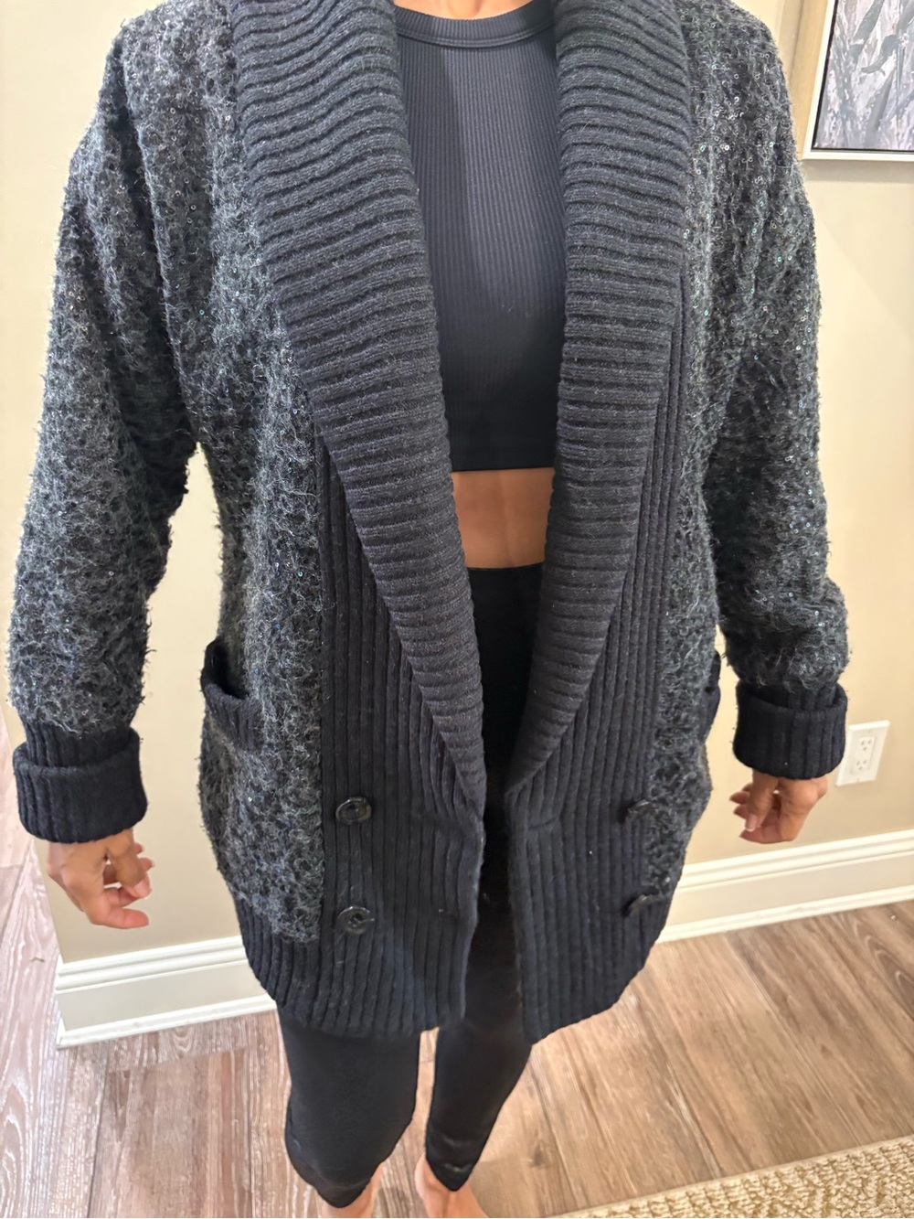Diane Von Furstenberg Charcoal Shawl Collar Open Cardigan
